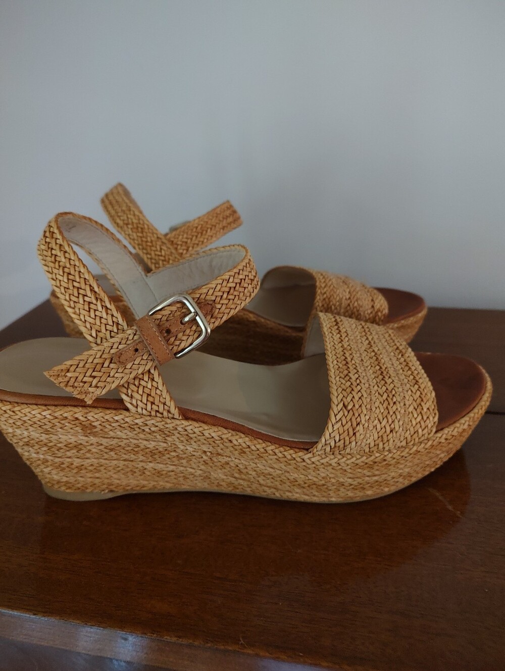 Stuart Weitzman Woven Ankle-Strap Wedge Sandals in Natural - Picture 3 of 8